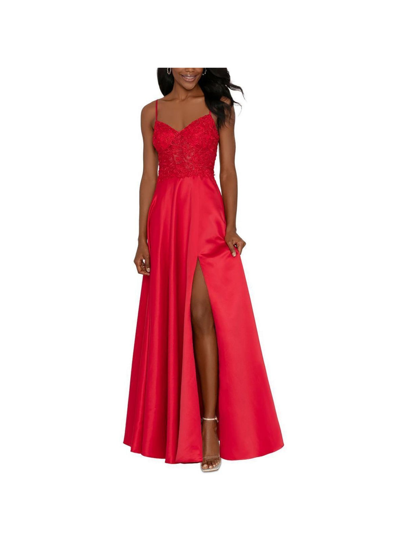 BLONDIE NITES Womens Red Embellished Zippered Padded Lace Up Back Slit Lined Spaghetti Strap Sweetheart Neckline Full-Length Formal Gown Dress Juniors 3