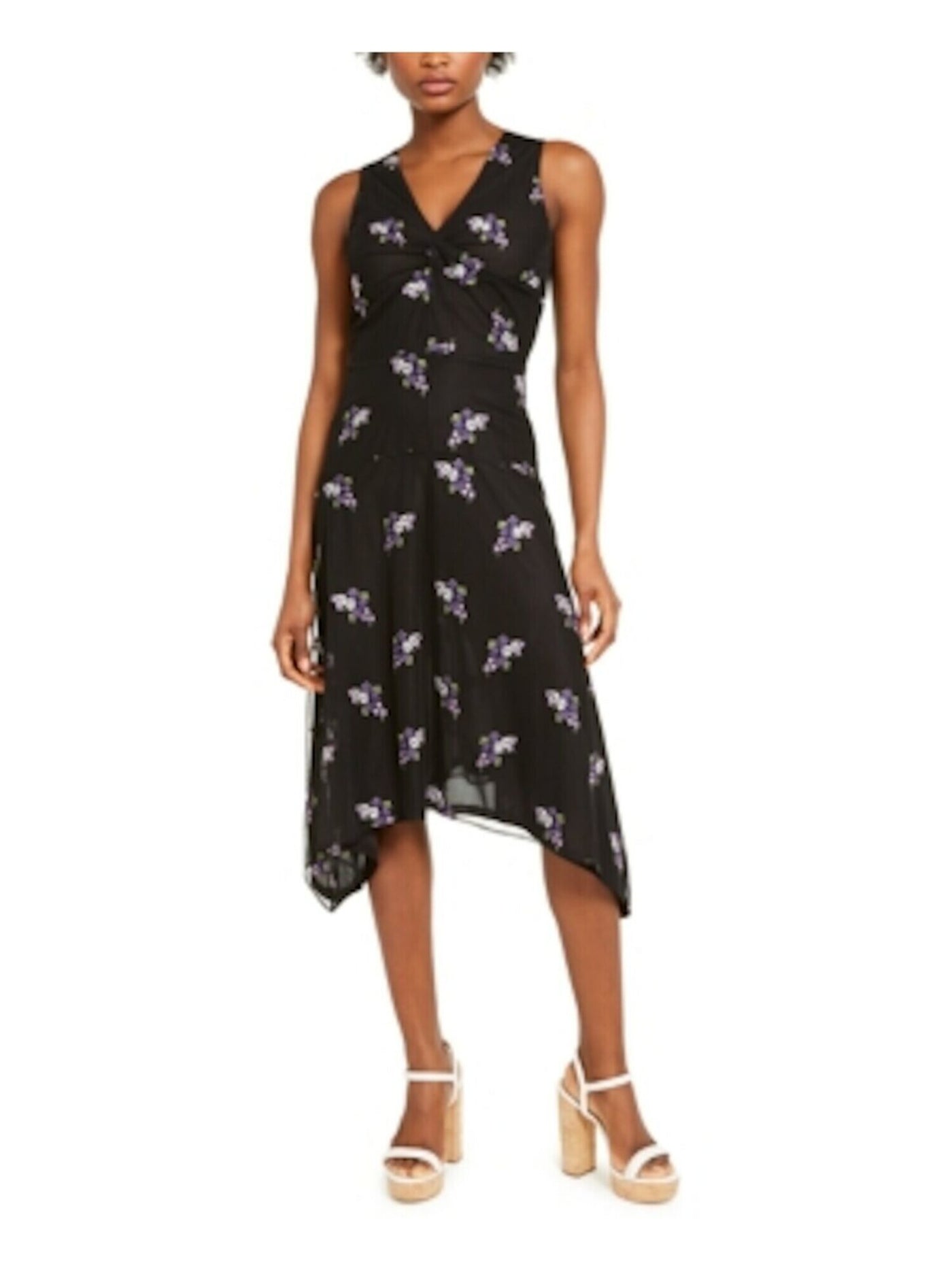 MICHAEL KORS Womens Black Sheer Floral Sleeveless V Neck Above The Knee Fit + Flare Dress L