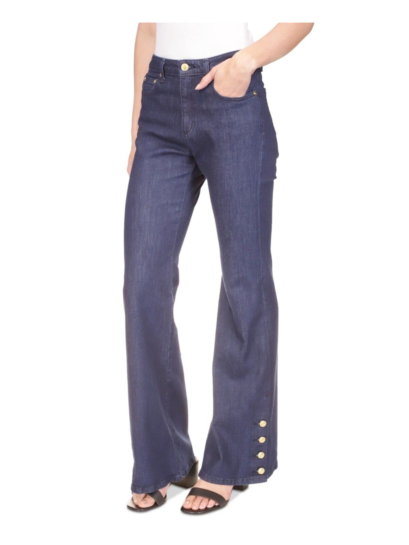 MICHAEL KORS Womens Navy Zippered Pocketed Button-hem Flare Leg High Waist Jeans Petites 4P