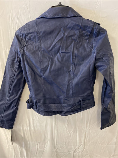 COLLECTIONB Womens Blue Faux Leather Belted Motorcycle Coat Juniors M