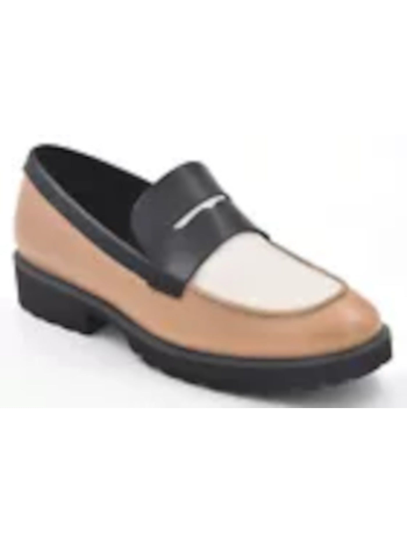 COLE HAAN GRANDSERIES Womens Beige Colorblocked Stripe Penny Keeper Vamp Arch Support Padded Geneva Round Toe Block Heel Slip On Leather Dress Loafers Shoes 9.5 B