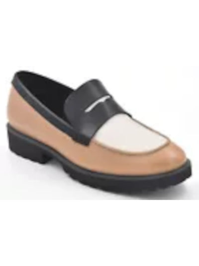 COLE HAAN GRANDSERIES Womens Beige Colorblocked Stripe Penny Keeper Vamp Arch Support Padded Geneva Round Toe Block Heel Slip On Leather Dress Loafers Shoes 9.5 B