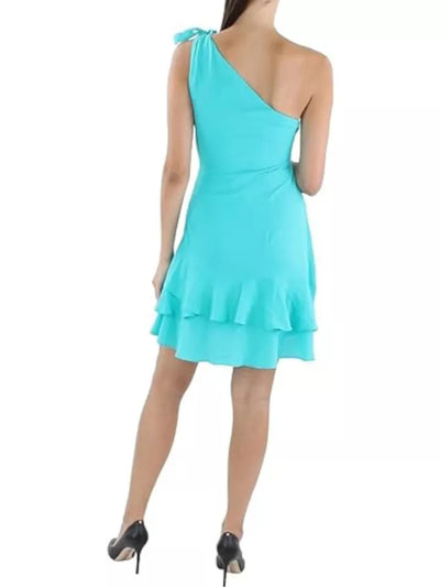 BCBGENERATION Womens Turquoise Textured Zippered Tie Detail Ruffled Hem Lined Sleeveless Asymmetrical Neckline Above The Knee Party Sheath Dress 12