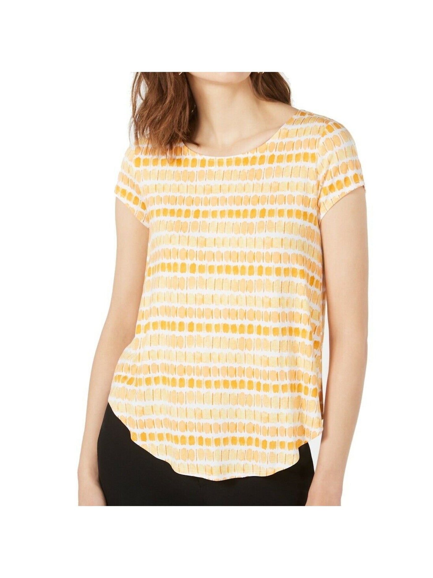 ALFANI Womens Orange Printed Short Sleeve Crew Neck T-Shirt S