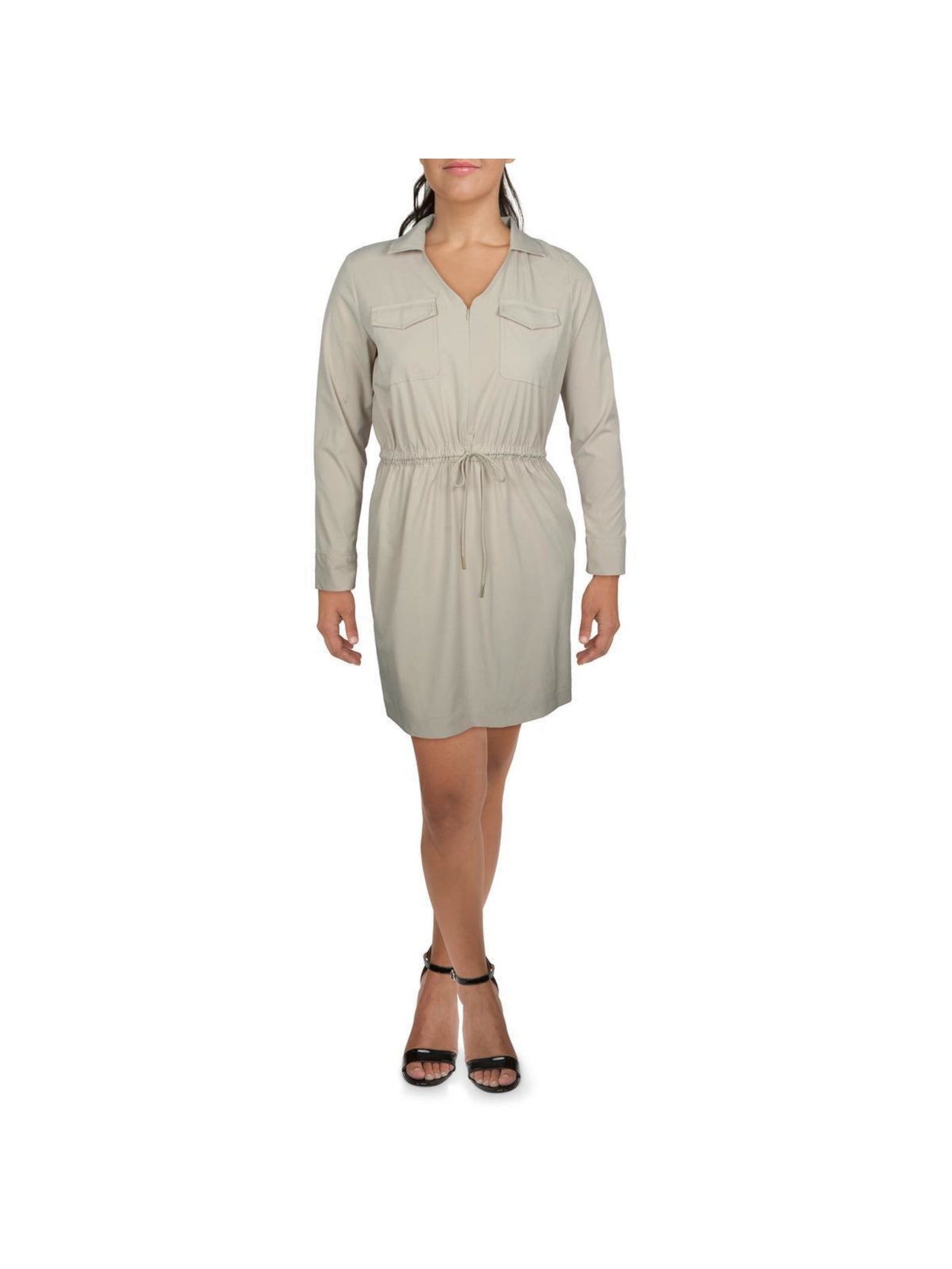 CALVIN KLEIN Womens Beige Pocketed Unlined Drawstring Waist Zippered Cuffed Sleeve Collared Above The Knee Shirt Dress 12