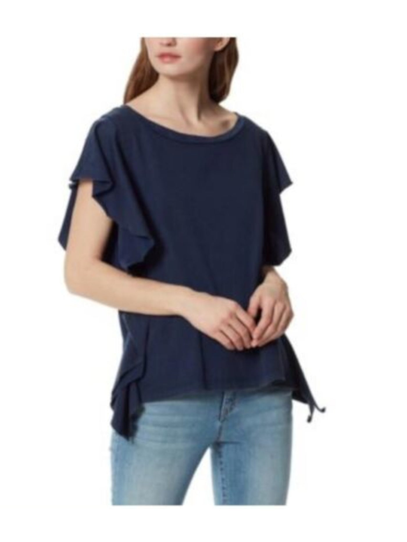 FRAYED JEANS Womens Navy Flutter Sleeve Round Neck Top XS