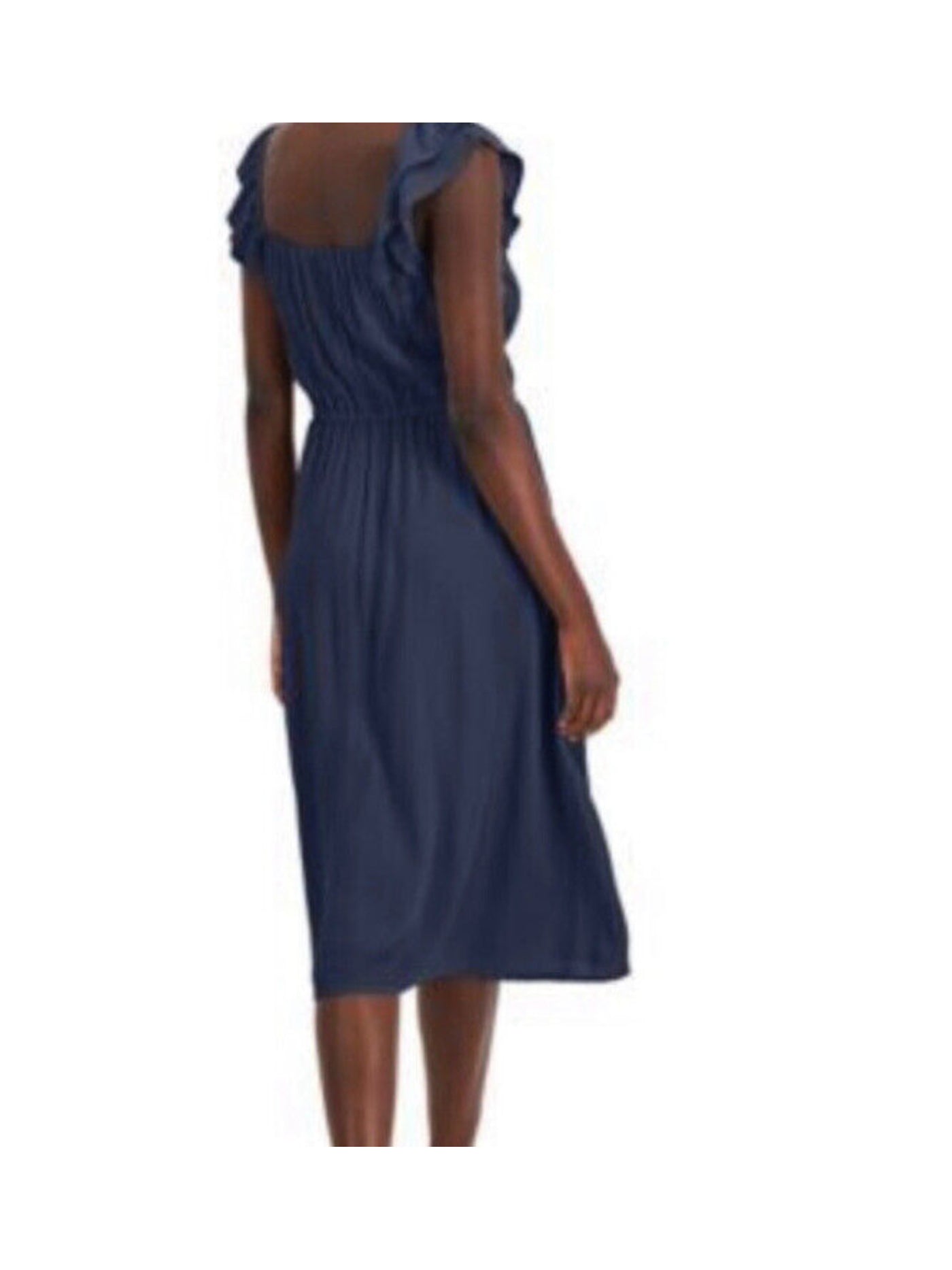 INC Womens Blue Metallic Ruffled Tie Front Elastic Waist Pullover Pinstripe Flutter Sleeve Jewel Neck Midi Fit + Flare Dress M