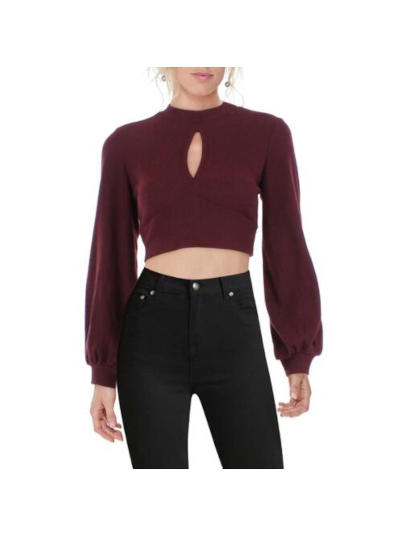 ALMOST FAMOUS Womens Burgundy Cut Out Ribbed Button Neck Open Tie Back Balloon Sleeve Mock Neck Crop Top Sweater Juniors M