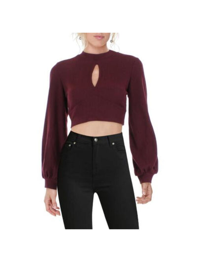 ALMOST FAMOUS Womens Burgundy Ribbed Cut Out Button Neck Open Tie Back Balloon Sleeve Mock Neck Crop Top Sweater Juniors XL