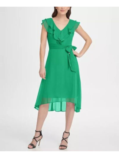 DKNY Womens Green Zippered Lined Flutter Sleeve V Neck Midi Cocktail Shift Dress 6