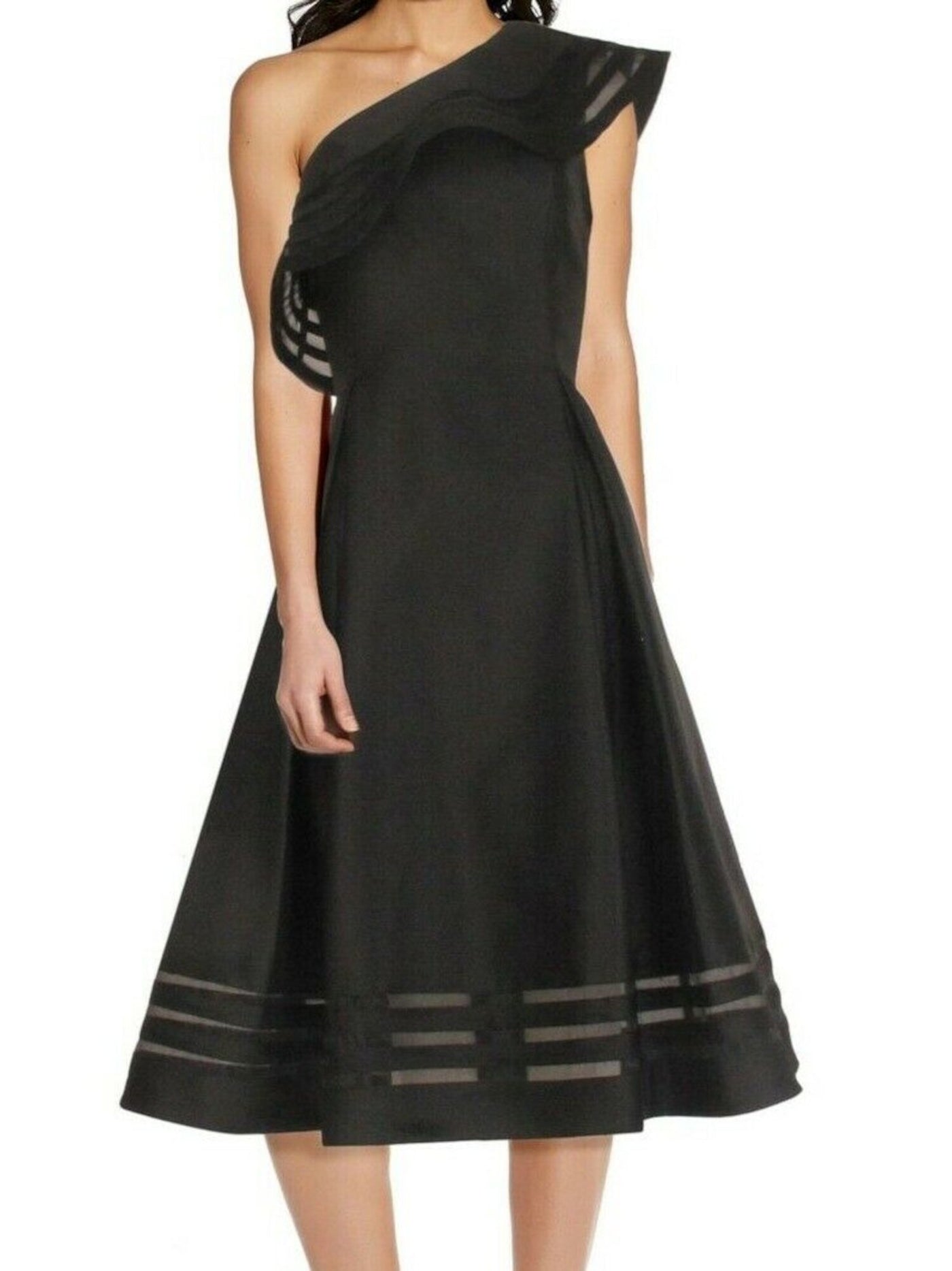 ADRIANNA PAPELL Womens Black Ruffled Sheer Zippered Striped Asymmetrical Neckline Midi Formal Fit + Flare Dress 10