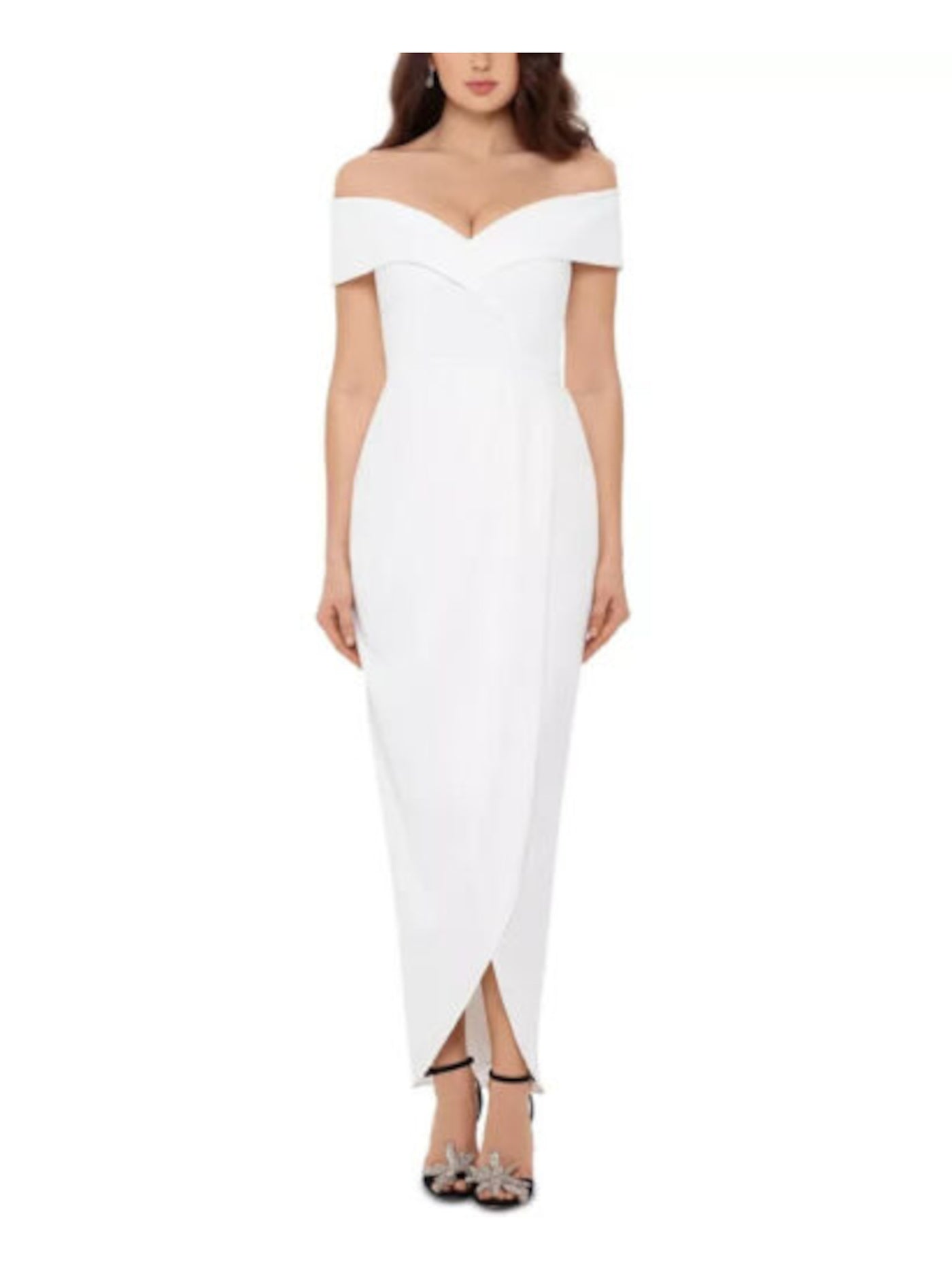 XSCAPE Womens White Stretch Pleated Zippered Tulip Hem Front Slit Lined Short Sleeve Off Shoulder Full-Length Formal Gown Dress Petites 6P