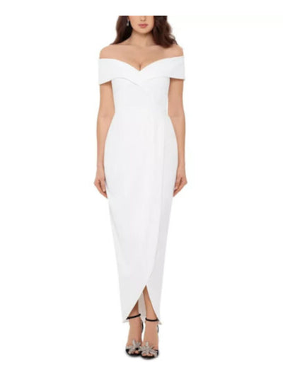 XSCAPE Womens Stretch Pleated Zippered Tulip Hem Front Slit Lined Short Sleeve Off Shoulder Full-Length Formal Gown Dress