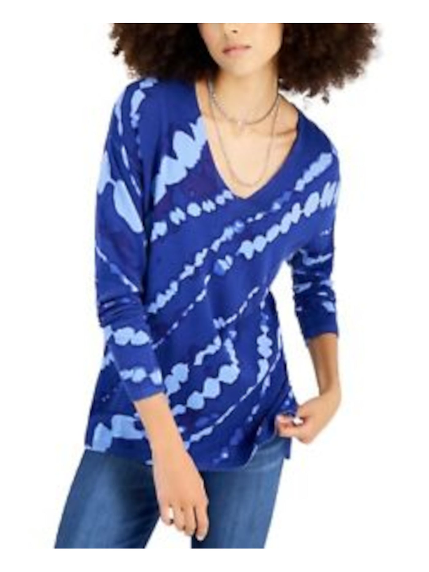 INC Womens Blue Tie Dye Long Sleeve V Neck Sweater XXL