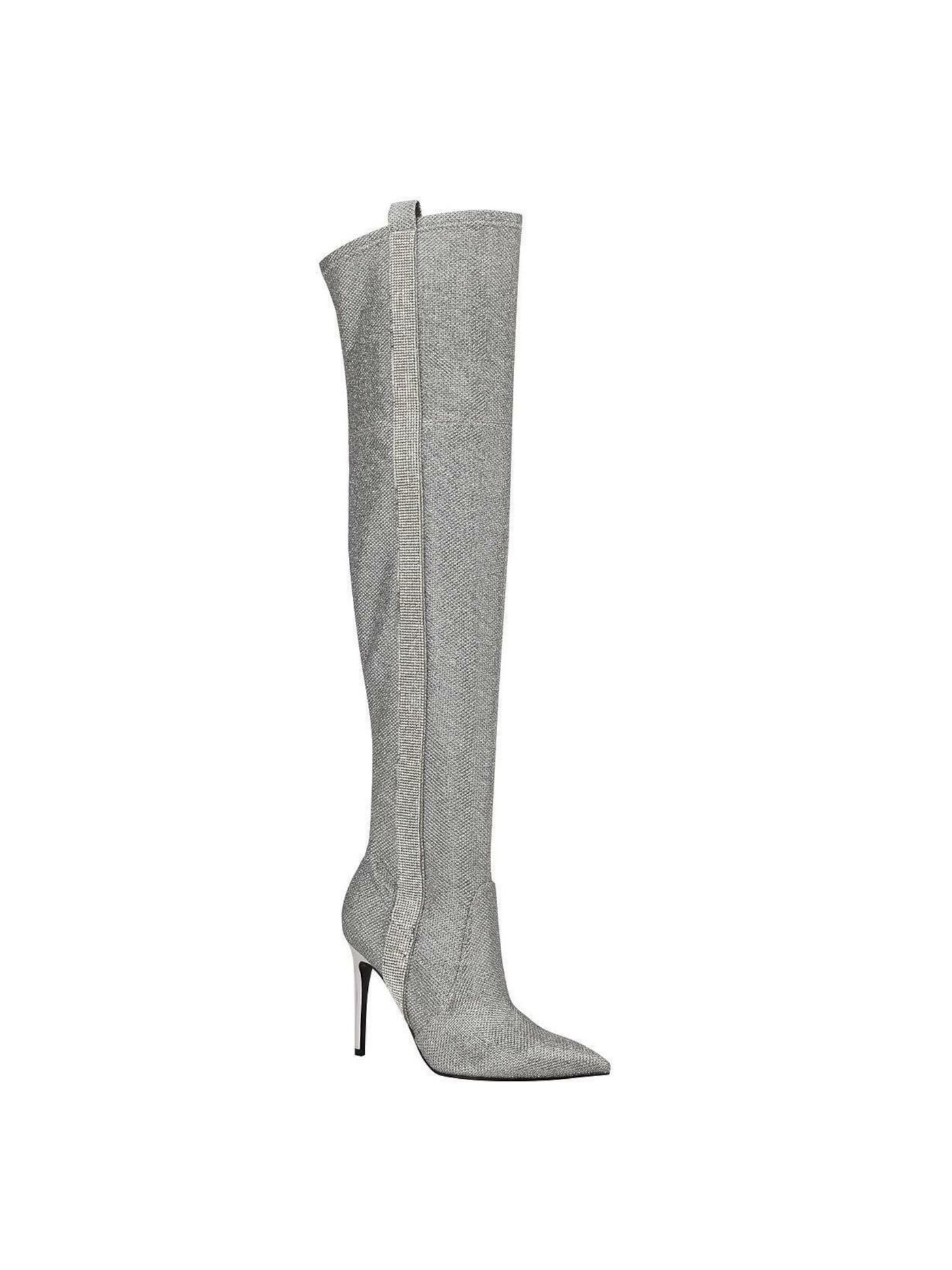 GUESS Womens Silver Rhinestone 21 Shaft Side Pull Tab Padded Bonisa Pointed Toe Stiletto Zip-Up Dress Boots 5 M
