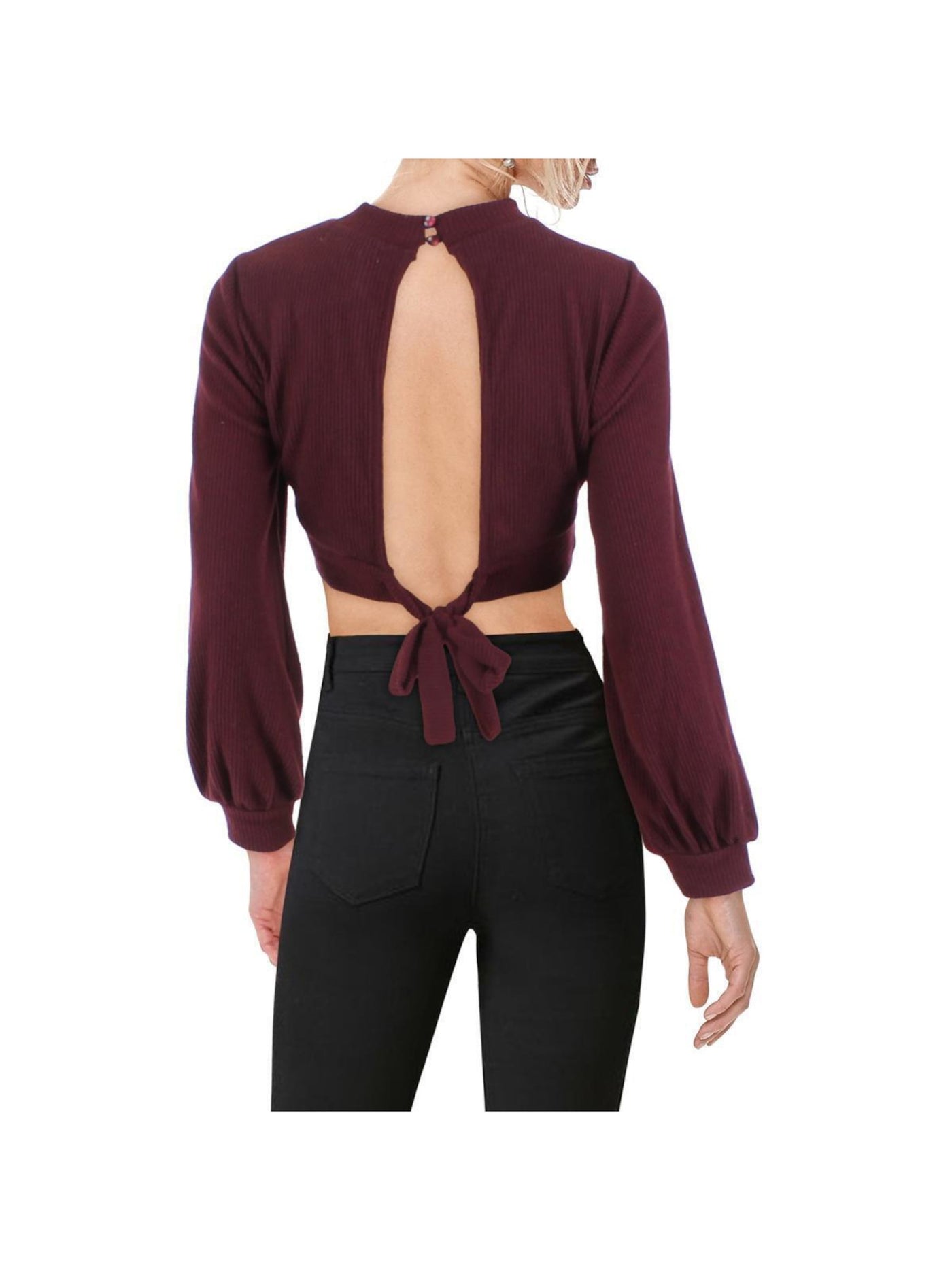 ALMOST FAMOUS Womens Burgundy Cut Out Ribbed Button Neck Open Tie Back Balloon Sleeve Mock Neck Crop Top Sweater Juniors L