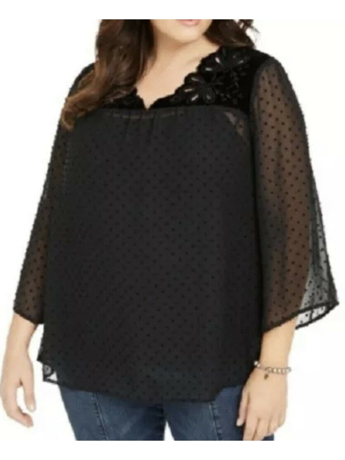 STYLE & COMPANY Womens Black Embellished Velvet Around Kneck Floral Short Sleeve V Neck Evening Top S