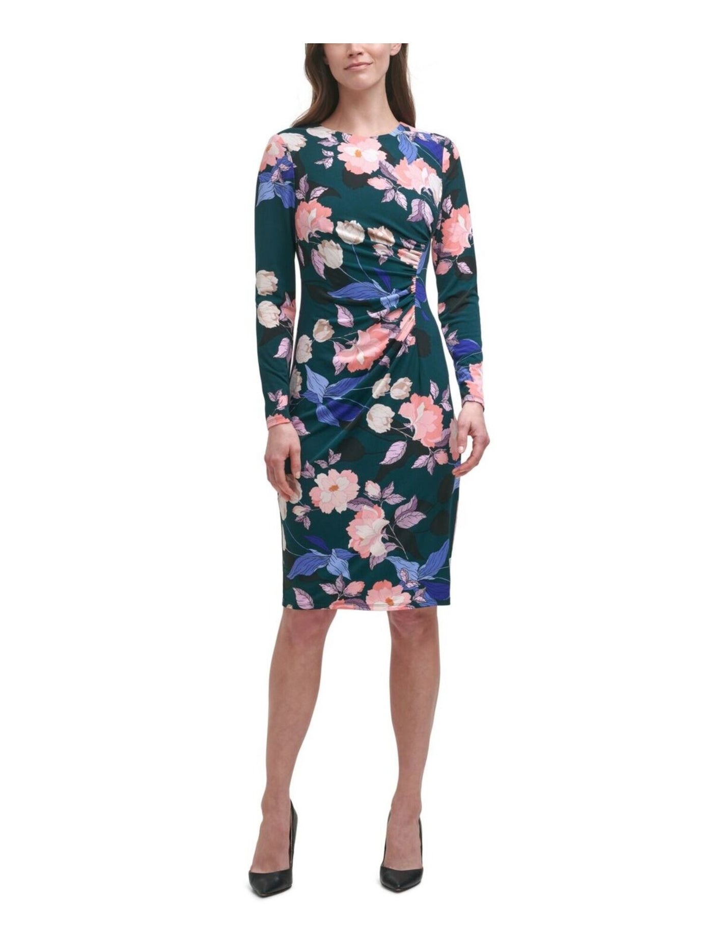 HARPER ROSE Womens Green Zippered Ruched Jersey-knit Fitted Floral Long Sleeve Round Neck Above The Knee Wear To Work Body Con Dress 8