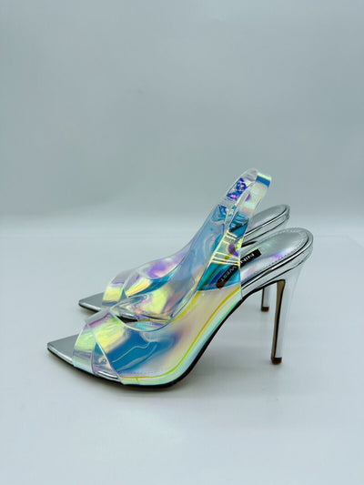 NINE WEST Womens Silver Iridescent Translucent Cut Out Padded Polka Pointed Toe Stiletto Slip On Dress Slingback Sandal 8 M