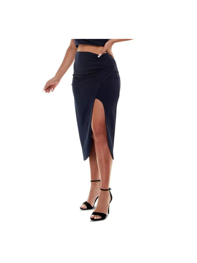 EMERALD SUNDAE Womens Navy Stretch Pleated Fitted Through Waist And Hips Below The Knee Cocktail Wrap Skirt Juniors XL