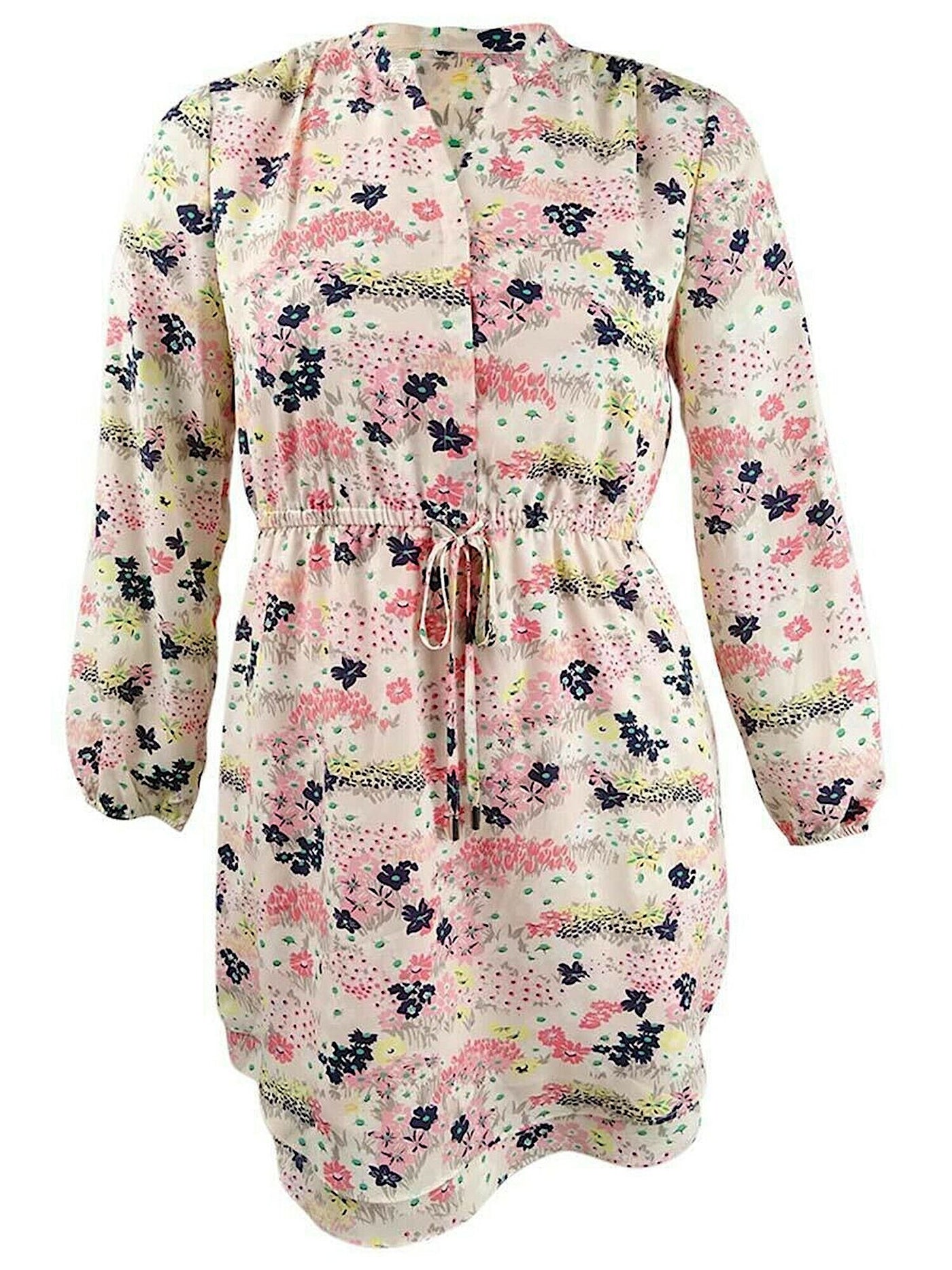 MAISON JULES Womens Pink Drawstring Floral Long Sleeve V Neck Short Shirt Dress XS