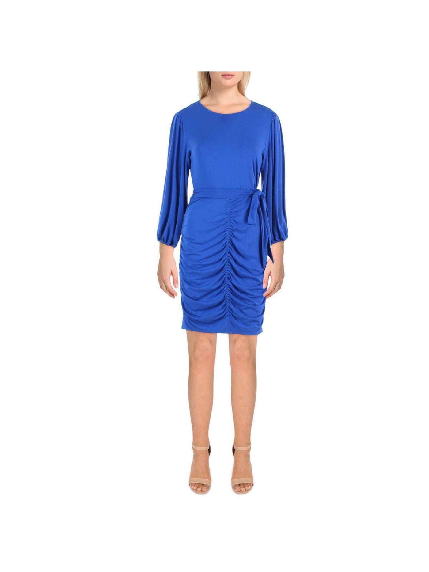 DKNY Womens Blue Ruched Belted Zippered Pouf Sleeve Crew Neck Above The Knee Sheath Dress 8