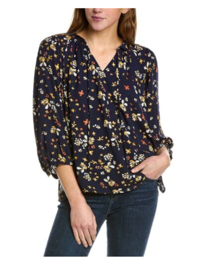 VINCE CAMUTO Womens Navy Ruffled Pintucked Button Front Floral Flutter Sleeve Split Blouse S