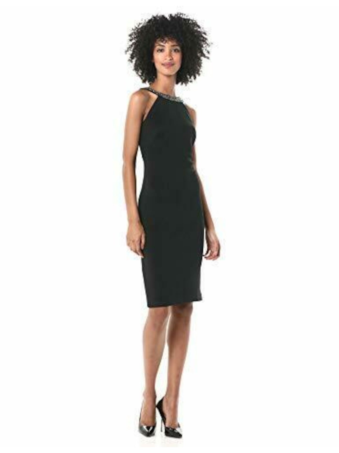 CALVIN KLEIN Womens Black Beaded Zippered Sleeveless Halter Above The Knee Cocktail Sheath Dress 8