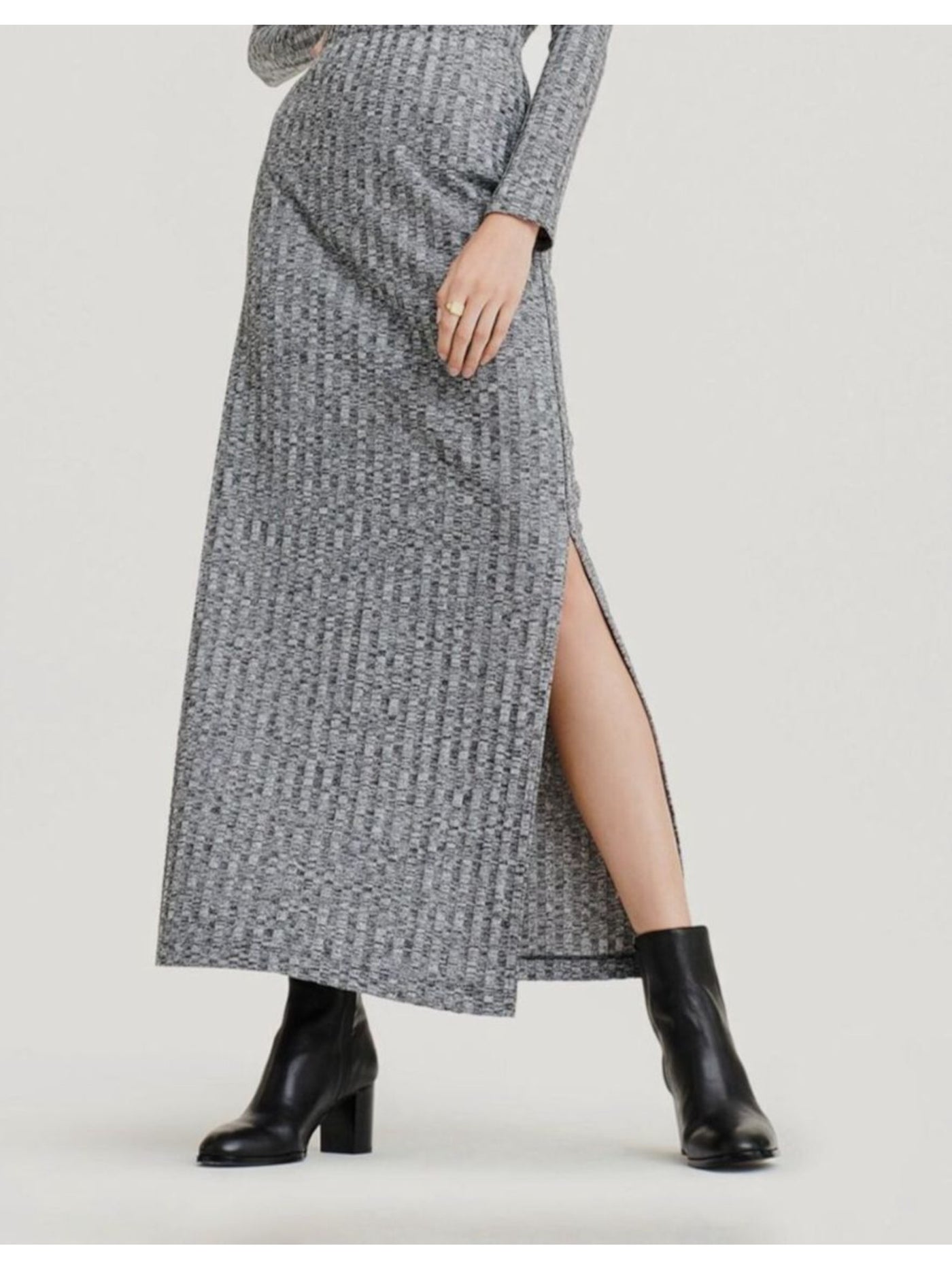 DKNY Womens Gray Stretch Ribbed Elastic Waist Side Slits Heather Tea-Length Wear To Work Pencil Skirt L