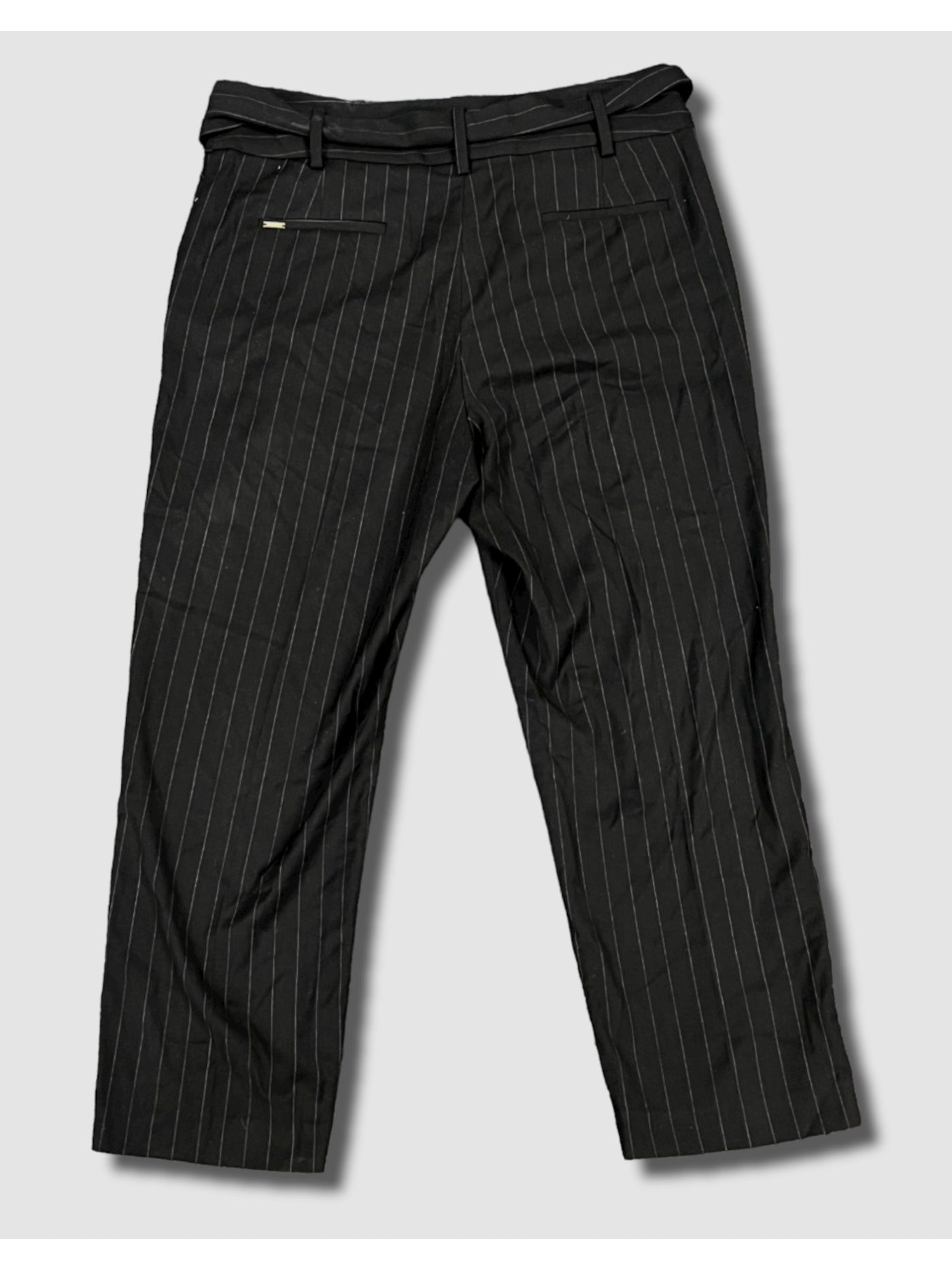 DKNY Womens Black Zippered Pocketed Tie Belt Pinstripe Wear To Work High Waist Pants 4