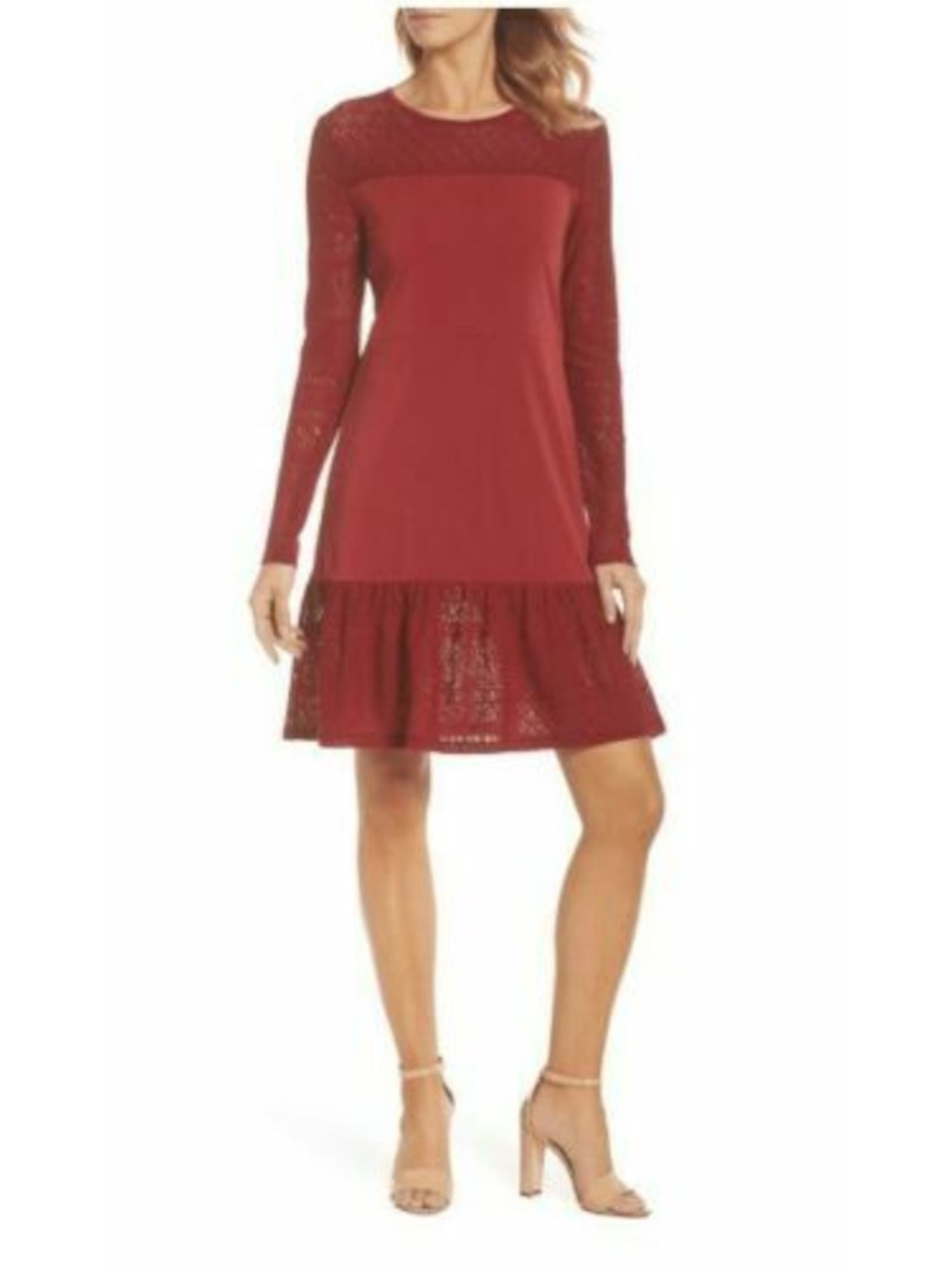 MICHAEL KORS Womens Maroon Lace Flounce Hem Long Sleeve Above The Knee Fit + Flare Dress Petites P