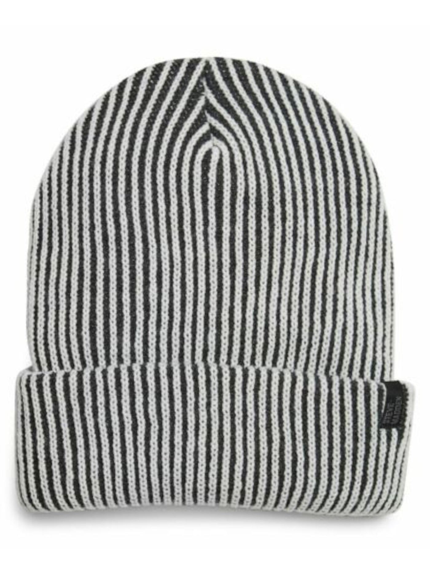 STEVE MADDEN Mens White and Black Striped Knit Fitted Winter Beanie Hat Cap