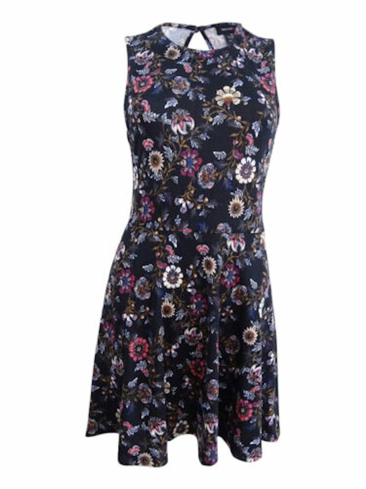 TEEZE ME Womens Black Floral Sleeveless Jewel Neck Above The Knee Cocktail Fit + Flare Dress L