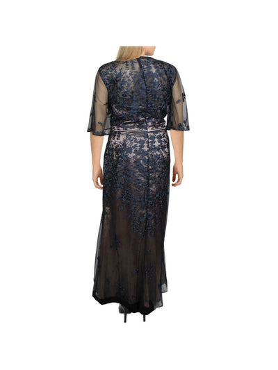 JS COLLECTION Womens Navy Embroidered Zippered Elbow Bell-sleeve Lace Floral Crew Neck Full-Length Formal Dress 10