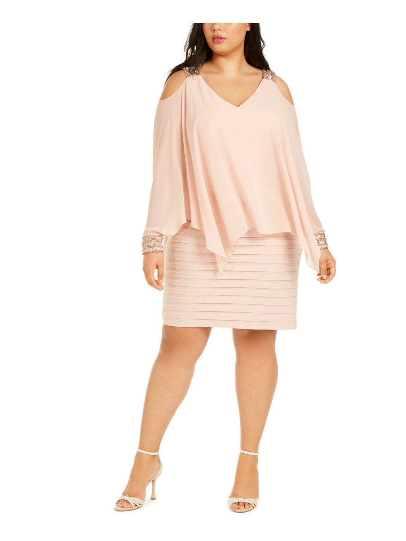 BETSY & ADAM Womens Pink Cold Shoulder Embellished Popover Long Sleeve V Neck Above The Knee Evening Sheath Dress Plus 16W