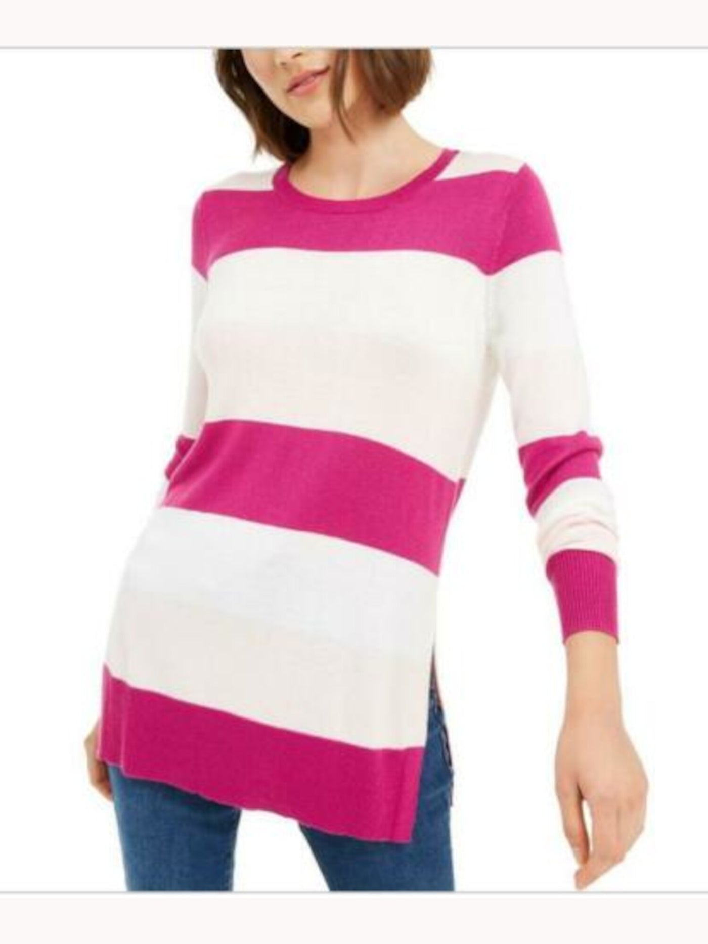 MAISON JULES Womens Pink Color Block Long Sleeve Jewel Neck T-Shirt M