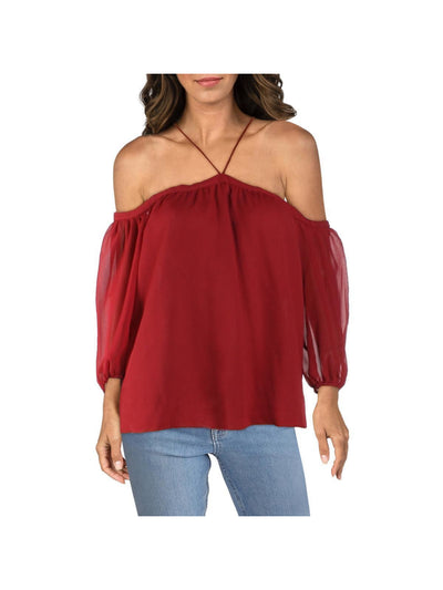 1. STATE Womens Red Cold Shoulder Sheer Keyhole Back Elastic Cuffs 3/4 Sleeve Halter Cocktail Blouse XXS