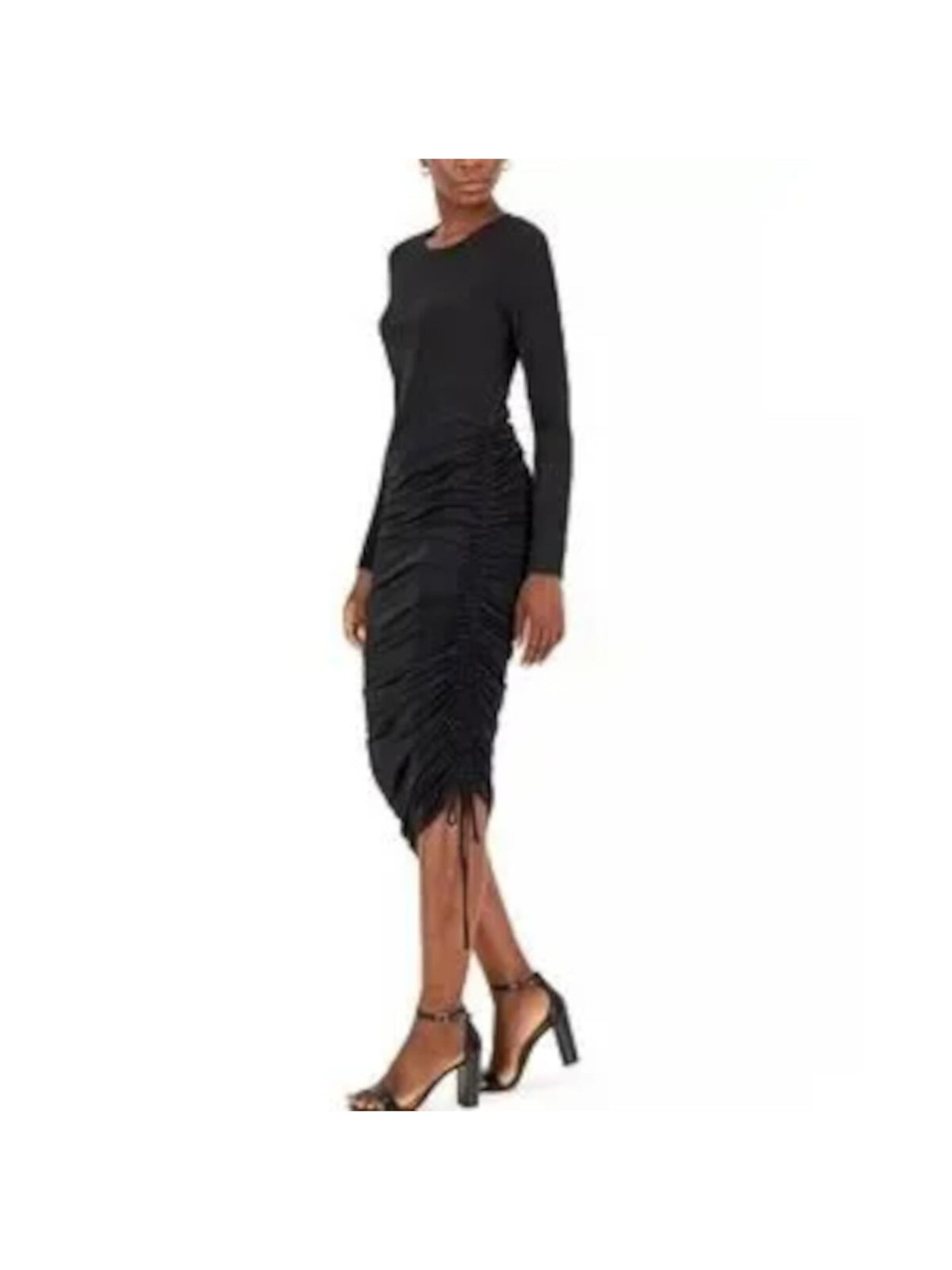 BLACK TAPE Womens Black Ruched Unlined Tie Long Sleeve Crew Neck Below The Knee Body Con Dress Plus X