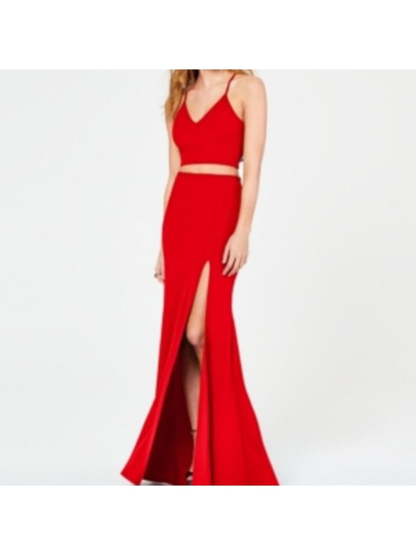 B DARLIN Womens Red Slitted Spaghetti Strap V Neck Full-Length  Mermaid Prom Dress Juniors 17/18