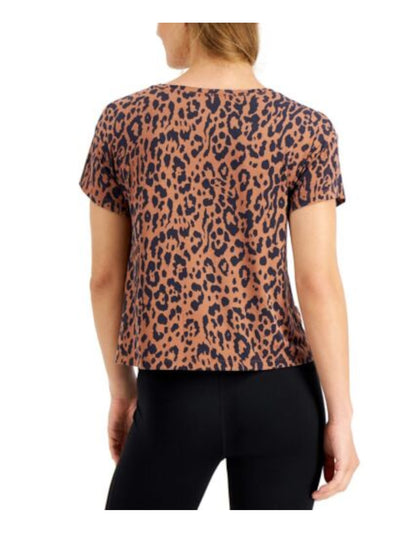 IDEOLOGY Womens Brown Stretch Animal Print Short Sleeve Round Neck T-Shirt S