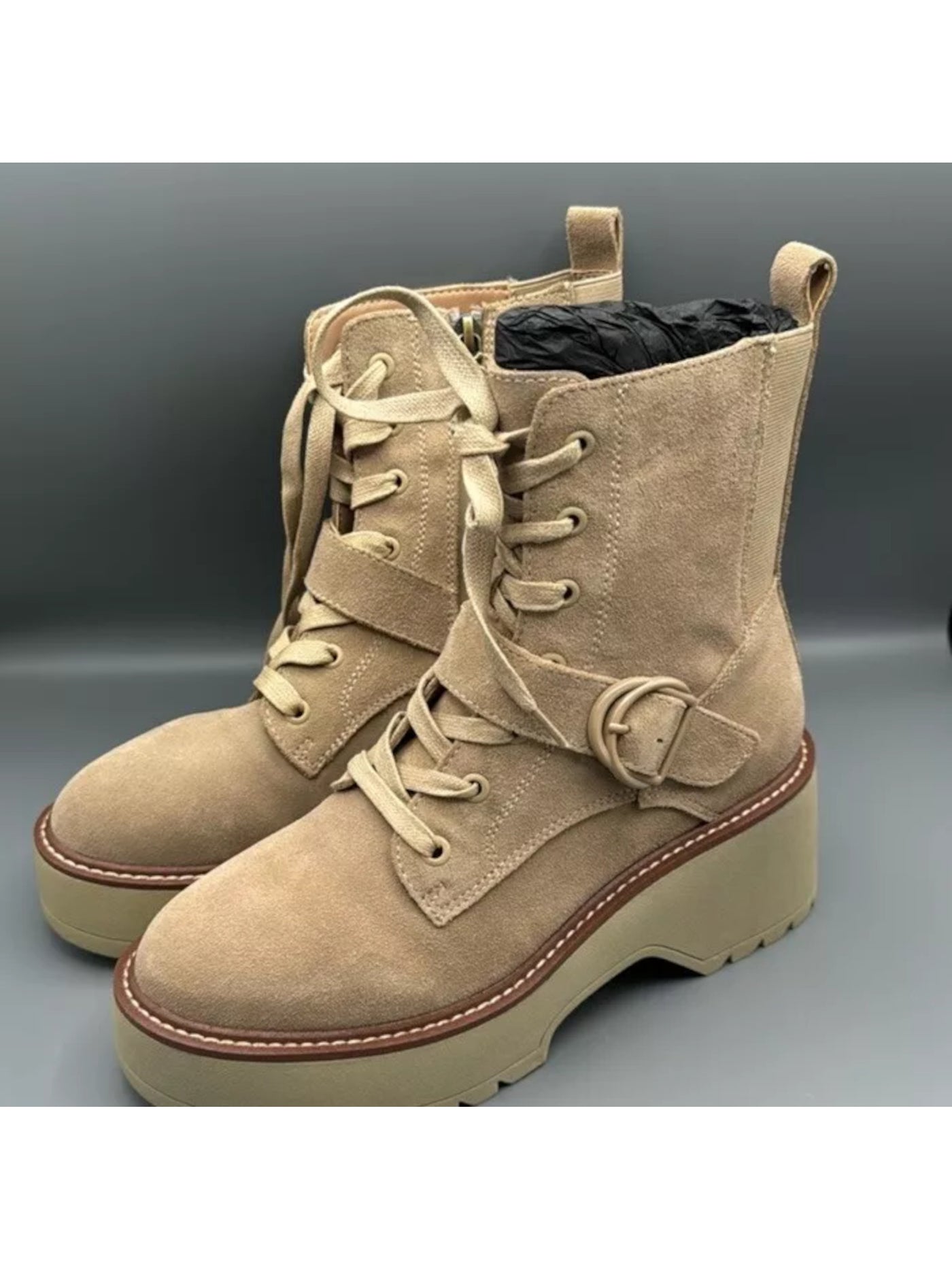AQUA COLLEGE Womens Beige 1-1/2" Platform Heel Pull-Tab Lace Up Goring Waterproof Buckle Accent Slip Resistant Gecko Round Toe Block Heel Zip-Up Booties 7.5 M