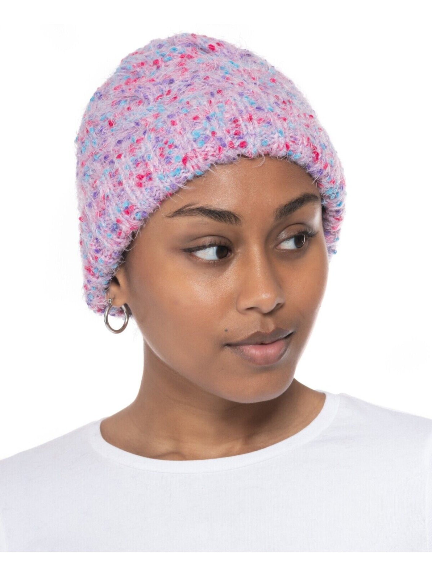 INC Womens Pink Popcorn Speckled Fitted Foldover Brim Beanie Hat Cap