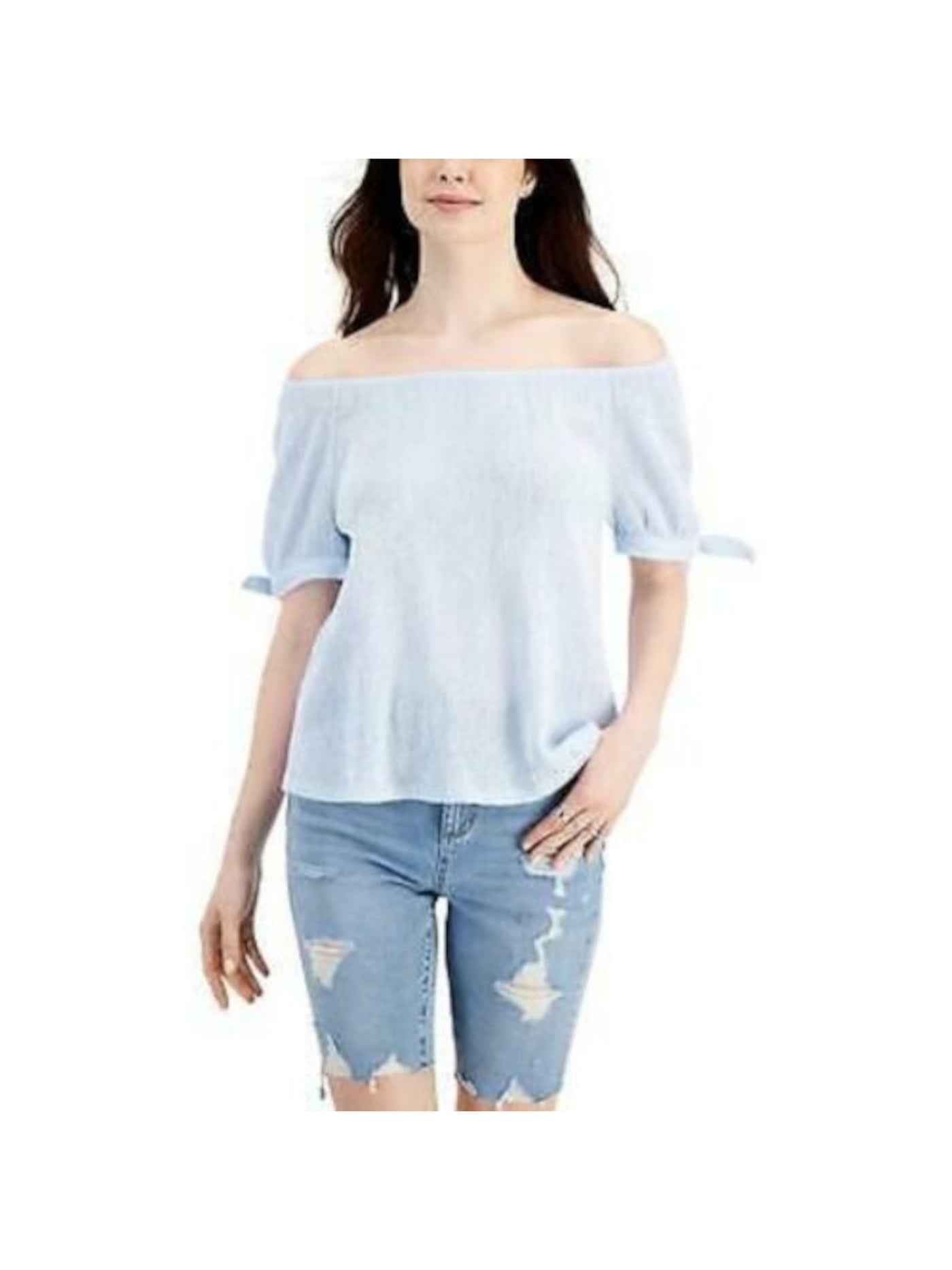 STYLE & COMPANY Womens Light Blue Stretch Textured Tie Short Sleeve Off Shoulder Top XL