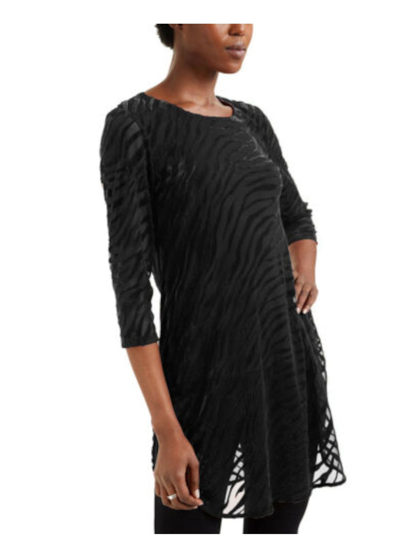 ALFANI Womens Black Sheer Layered Animal Print 3/4 Sleeve Scoop Neck Tunic Top S