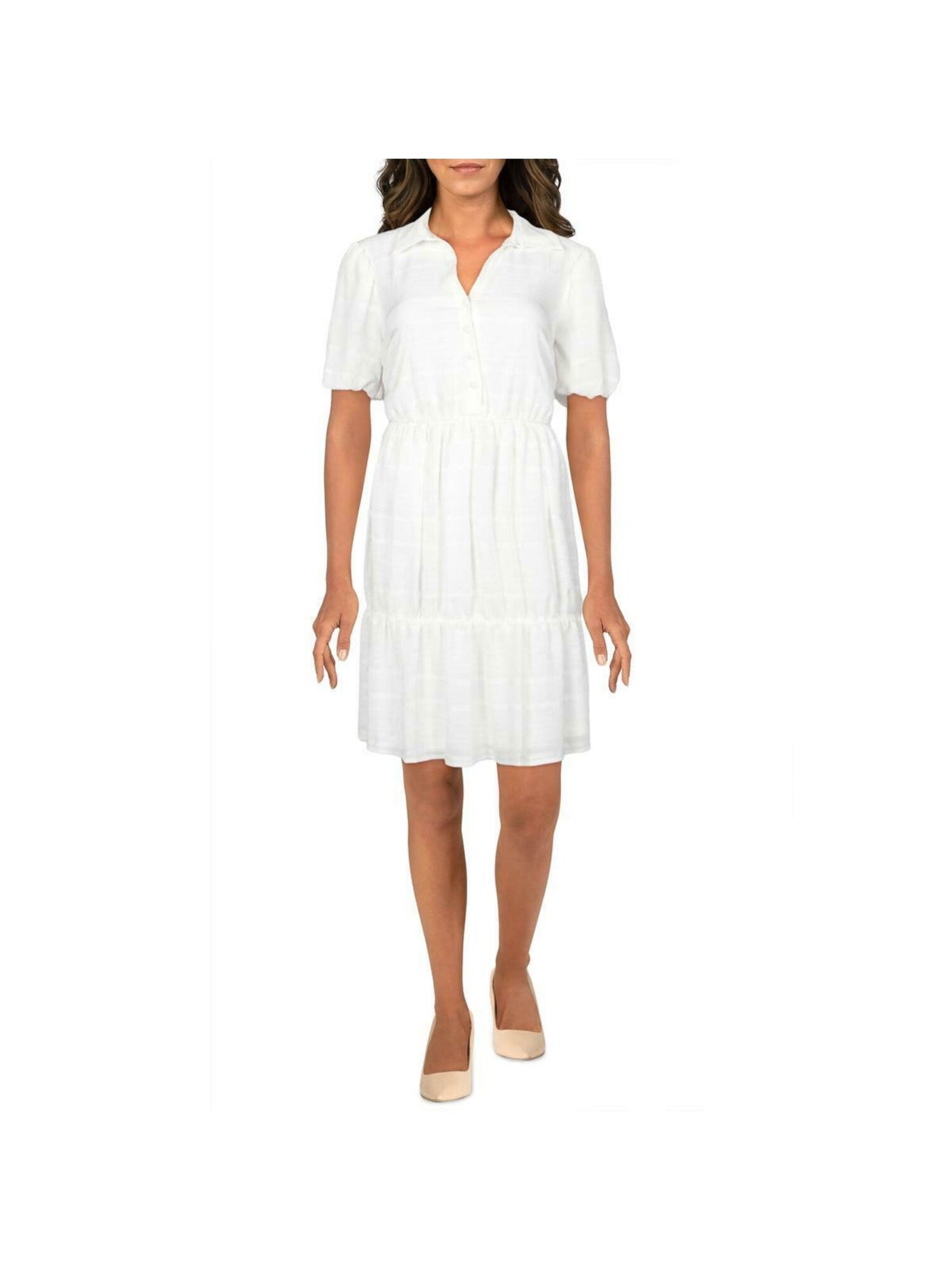 KENSIE DRESSES Womens White Stretch Textured Ruffled Sheer Lined Button Front Short Sleeve Collared Above The Knee Evening Sheath Dress 10