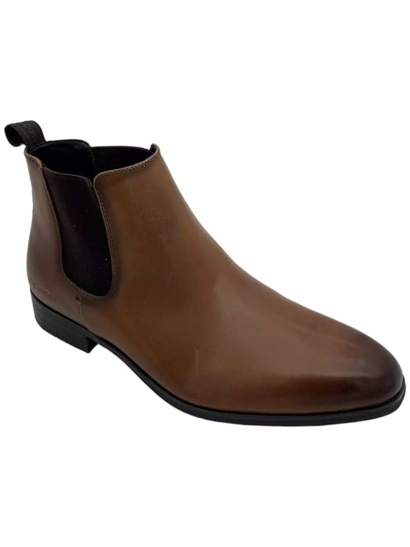 CALVIN KLEIN Mens Brown Burnished Heel Pull-Tab Debossed Logo Goring Padded Donto Pointy Toe Block Heel Dress Chelsea Boot 12 M