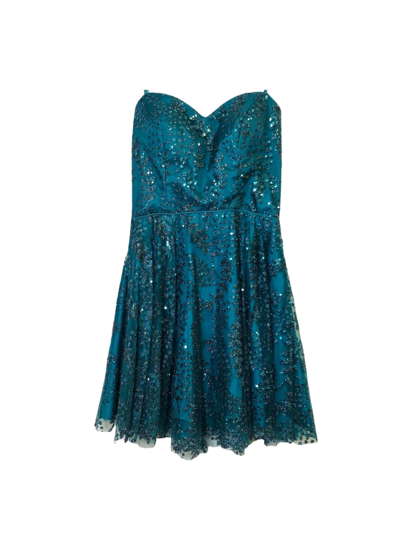 BLONDIE Womens Teal Sequined Glitter Lined Adjustable Zippered Sleeveless Round Neck Short Party Fit + Flare Dress 15