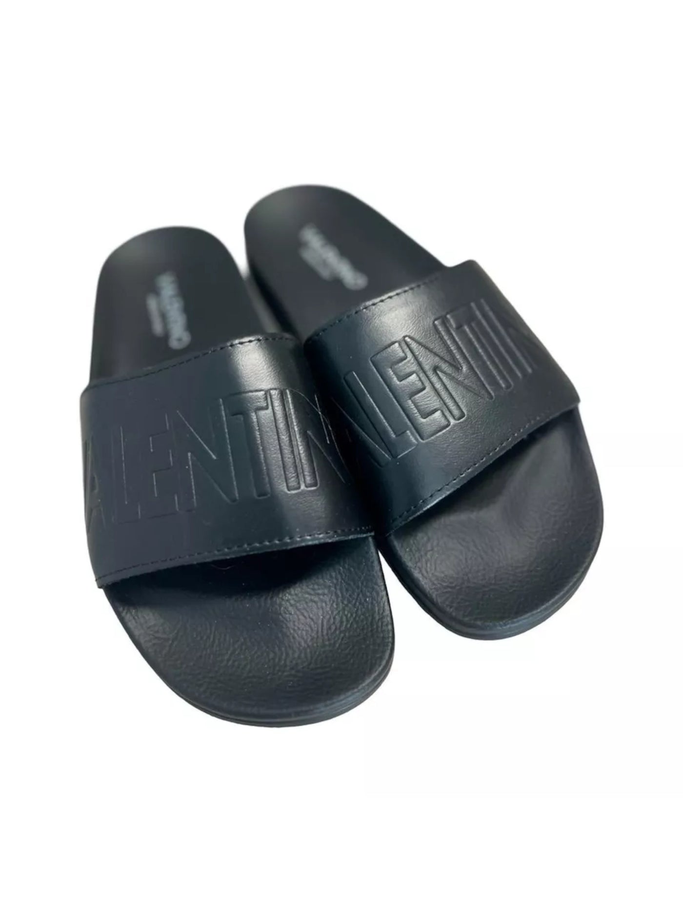 VALENTINO Mens Black Embossed Logo Comfort Cushioned Giano Round Toe Slip On Leather Slide Sandals Shoes 8