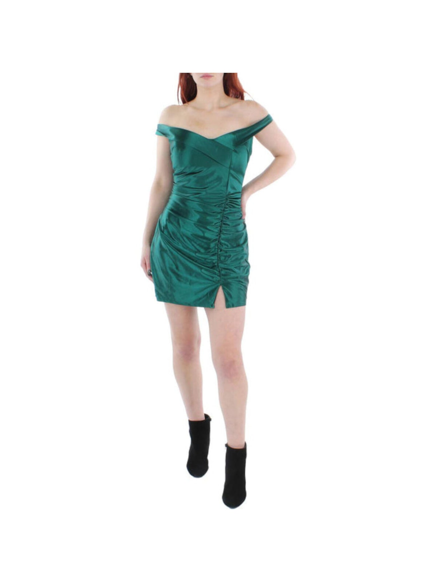 CRYSTAL DOLLS Womens Green Zippered Ruched Crossover Slitted Short Sleeve Off Shoulder Mini Party Body Con Dress Juniors 13