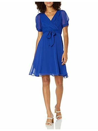 DKNY Womens Sheer Knot Belt Pouf V Neck Above The Knee Wear To Work Fit + Flare Dress